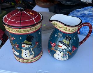 Snowmen pitcher and cookie jar
