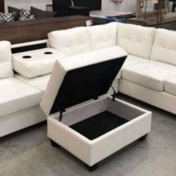 NEW IN BOX White Faux Leather Sectional With FREE Ottoman 