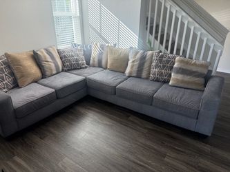 For Sale: Large Gray Sectional Sofa Set with Swivel Chair, End Table & Lamp