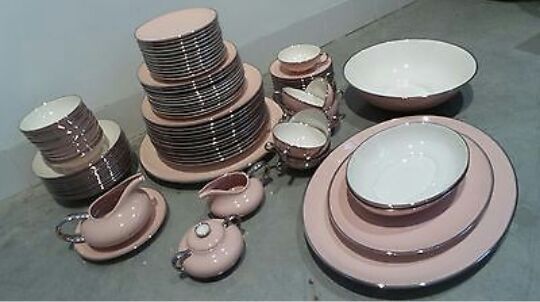Vintage Antique 91 piece Franciscan Sandalwood Platinum Trim Gladding McBean China Dinnerware