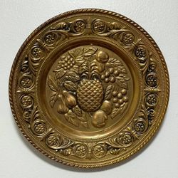 Vintage Made In England Hammered Brass Wall Plate Decor Pineapple And Fruits Design