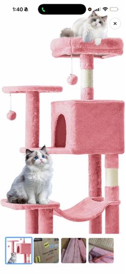 DUMOS Small 44 Inch Cat Tree Tower with Natural Sisal Scratching Posts Cat Tree with Hammock, Pet Condo for Indoor Cats and Kittens Play, Pink