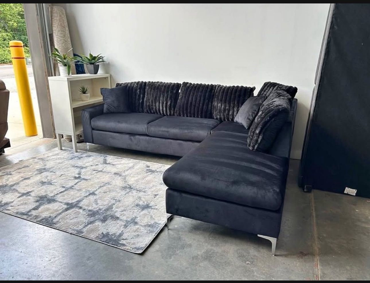New Modern Black Velvet L-shape Sectional With Silver Metal Legs