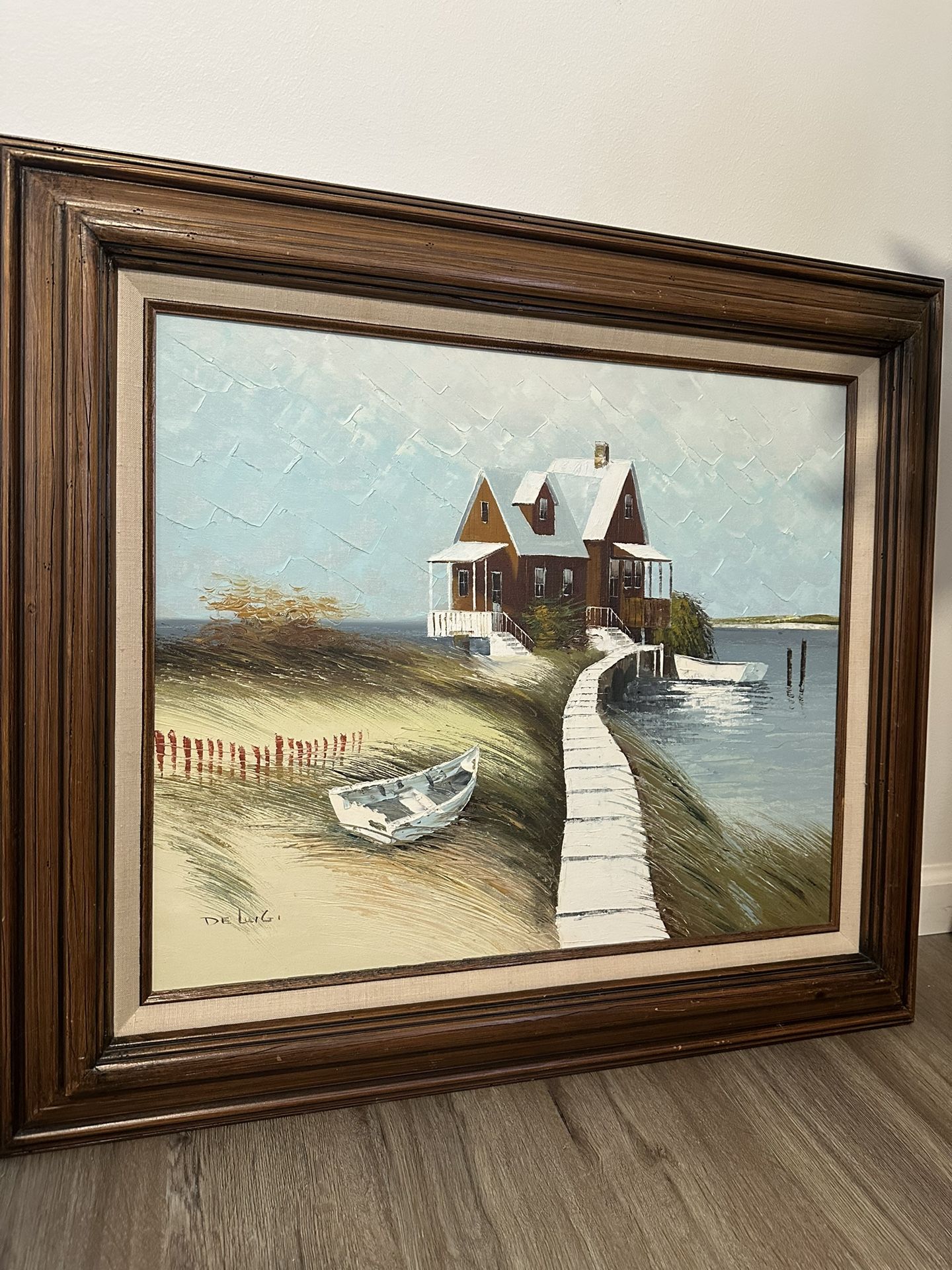 Beautiful vintage Framed Oil Painting of Seaside Cottage and boat 