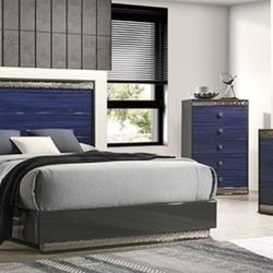 Brand New Blue & Grey Modern Style 4pc Queen Bedroom Set (Available In Eastern King)