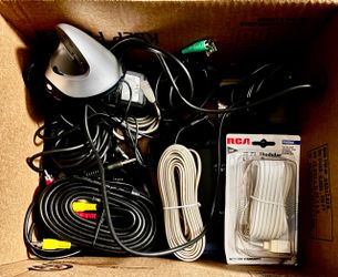 Box of cables and keyboards