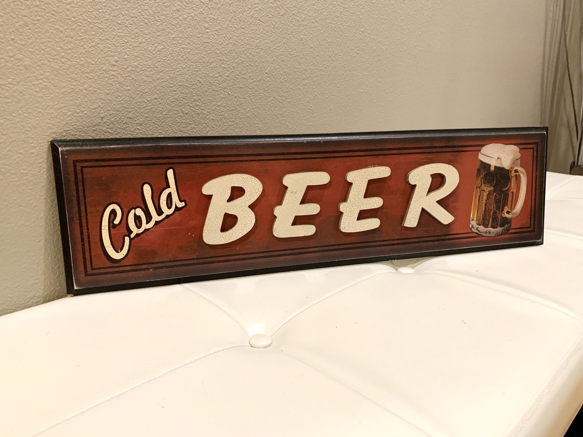 Vintage looking cold beer wood sign for man cave, she shed or kitchen bar