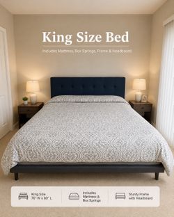 King Size Bed - Mattress, Box Spring  & Upholstered Headboard
