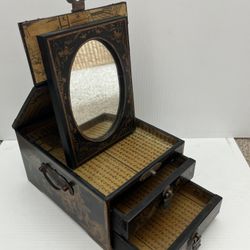 Vintage Chinese Black Wood 2 Drawer W/ Fold Away Mirror Vanity Jewelry Box