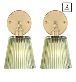 Gold Wall Sconces with Green Ribbed Glass Shades – 2 Pack