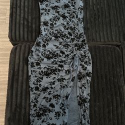 Blue With Black Flower Midi Dress 