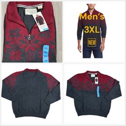 Men’s Weatherproof 3XL 3X Quarter 1/4 Zip Sweater Red Charcoal Holiday Snowflake