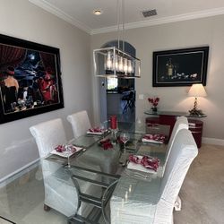 Glass Dining Room, Table, Contemporary Chrome Stand, And Chairs