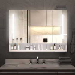 Aluminum Alloy 39x28 Inch Modern Bathroom Storage Cabinet with LED Lights Defogging Mirror Stainless Steel Hinges Wall Mounted Medicine Cabinet Multil