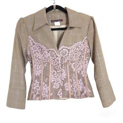 Marisa K Vintage Y2K Women's Blazer 90s Brown Pink Plaid Lace Corset Academia Jacket