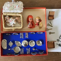 Miniature Dinner Setting,baby With Basket, Two Authentic Kiddles, And Two Copper Tool Boxes With Assorted tools 