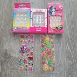 3 Press On Girls Nails & Stickers