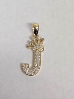 10kt Gold Letter J Crown Pendant with CZ Stones
