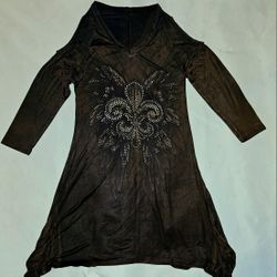 Brown Fleur-De-Lis Rhinestone Tunic Cold Shoulder Asymetrical Bottom Size Small
