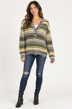 Striped Knit Sweater with Button Detail