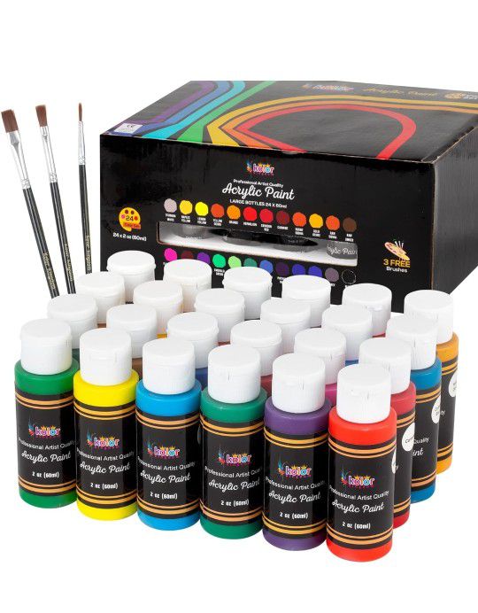 Acrylic Paint Set Canvas Paints 24 Colors With 3 Paint Brushes Crafts Paints, Rock Painting, Wood,Ceramic & Fabric Vibrant Colors - Non toxic 2oz