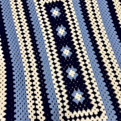Handmade Blue and White Crochet Granny Square Blanket