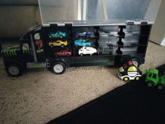 $8 for all! Big Rig Truck with 7 hot wheels and 2 small cars