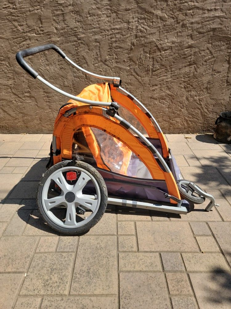 Quick-N-EZ Double Tow Behind Bike Trailer for Toddlers, Kids, Converts to Stroller, Jogger, 2-in-1 Canopy