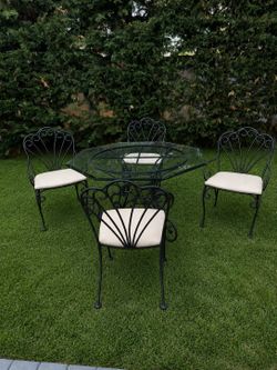 Title: Vintage Wrought Iron Patio Set - 5 Piece - Glass Top Table & 4 Chairs
