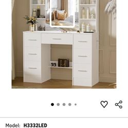 Makeup Vanity Desk with Mirror and Lights, Makeup Vanity Table, White Makeup Desk with 7 Drawers & Storage Shelves, 3 Color Modes Adjustable