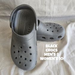 BLACK CROCS, MEN'S 8, WOMEN'S QO
