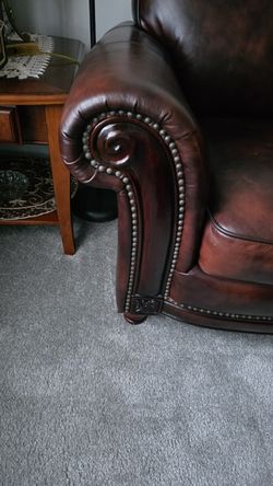 2 Faux Brown Leather  Sofas with Nailhead Trim -really good condition