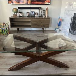 Glass Coffee Table with Wooden Legs