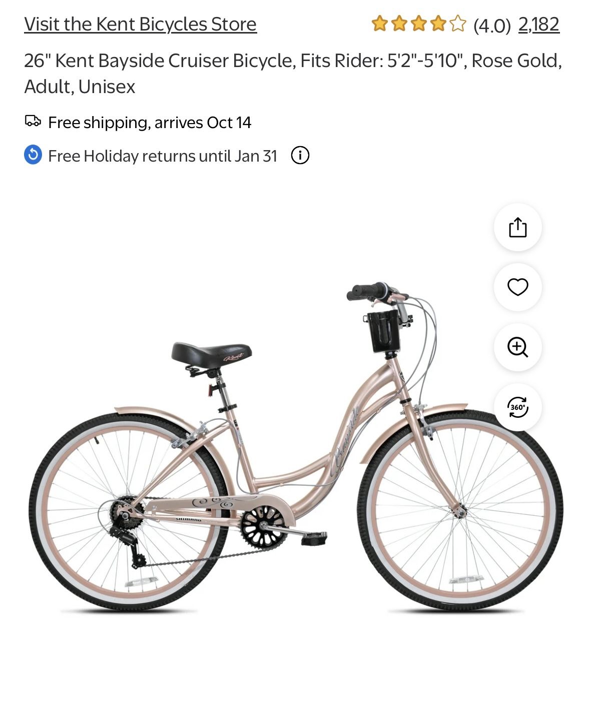 26" Kent Bayside Cruiser Bicycle, Fits Rider: 5'2"-5'10", Rose Gold, Adult, Unisex