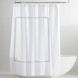 Pottery Barn Grand Embroidered Organic white On blue Embroidery Shower Curtain.