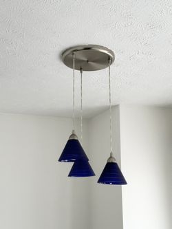 3 tier pendant Silver Chandelier- Blue glass shades