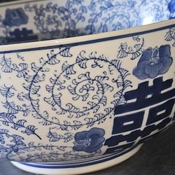 Vintage Style Blue & White Porcelain 14x9" Centerpiece Bowl, Three Hands Corp. 