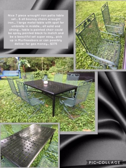 Nice 7 piece wrought iron patio table set... 6 all bouncy chairs wrought iron... 1 large metal table with spot for umbrella in middle... all solid and