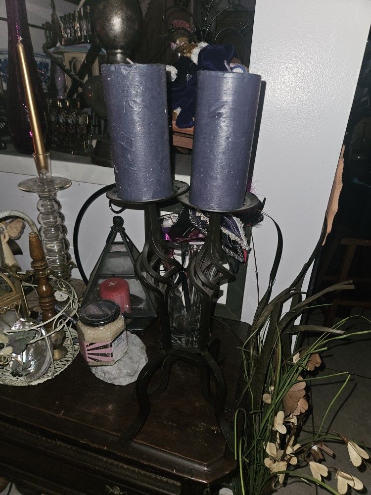 2 WROUGHT IRON CANDLE STICK HOLDERS WITH CANDLES