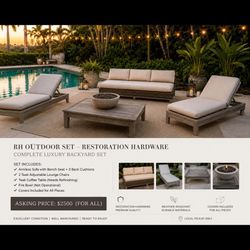 RESTORATION HARDWARE 2 TEAK LOUNGERS, 3 Seater Sofa, Coffee Table And fire Bowl 