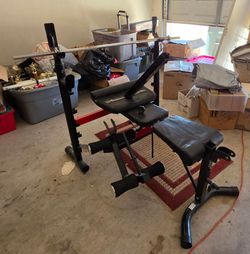 Weight bench, bar, and rack