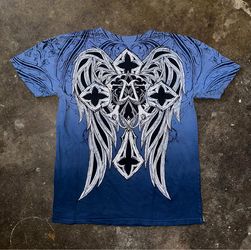 Vintage Y2K Affliction Blue Graphic Wings Cross T-Shirt