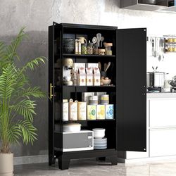 1640b  61.02" Kitchen Pantry Cabinet, Pantry Storage Cabinet with 2 Doors and Adjustable Shelves, Black Food Storage for Kitchen, Living Room, Bedroom