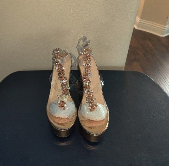BRAND NEW Fashion Nova:Binky RoseGold Open Toe Wedges