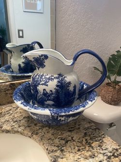 Vintage Victoria Ware Ironstone Flow Blue City Scene Wash Basin and Pitcher Set