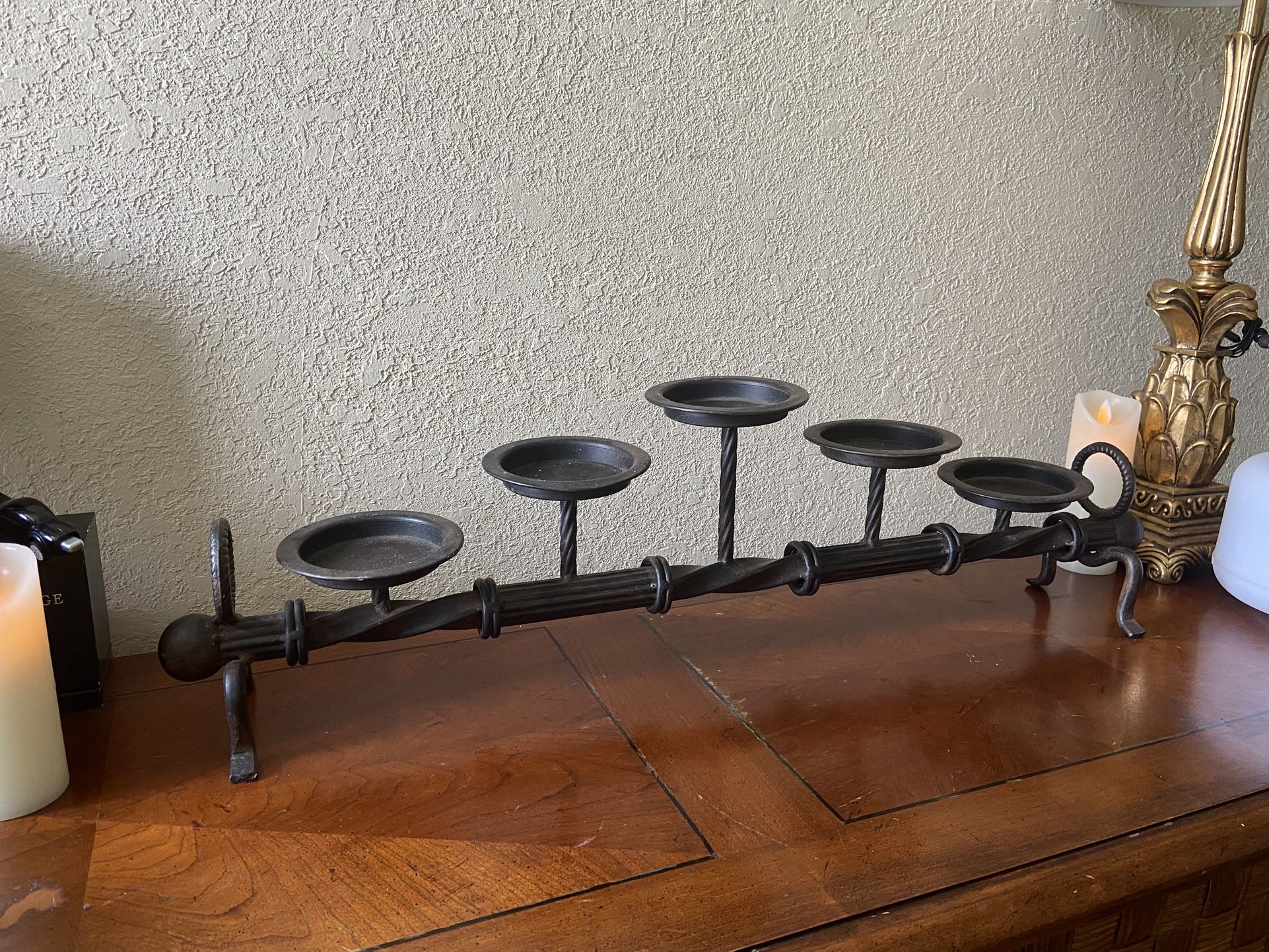 Candel Holder , very unique, L30”, H8”, Metal. For 5 candles. West Boca.