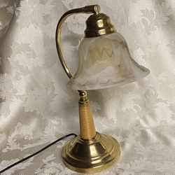 Vintage Brass Lamp Desk Table Glass And Wood Cone Bottom