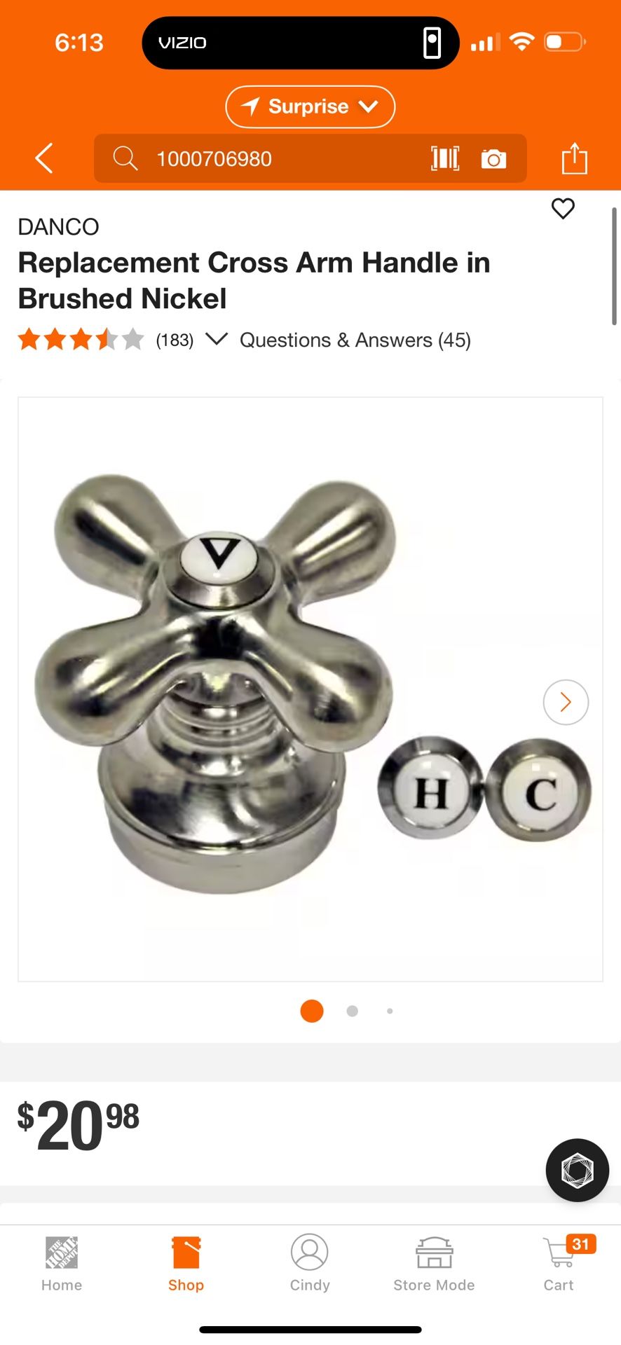 DANCO Replacement Cross Arm Handle in Brushed Nickel