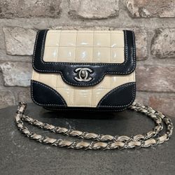 Authentic Vintage Chanel Bagget - Cream /with Black Patent Wyth Silver Hardware CC 