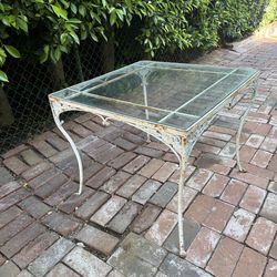 Vintage 1950’s/1960’s  White Wrought Iron Table w / Glass Top